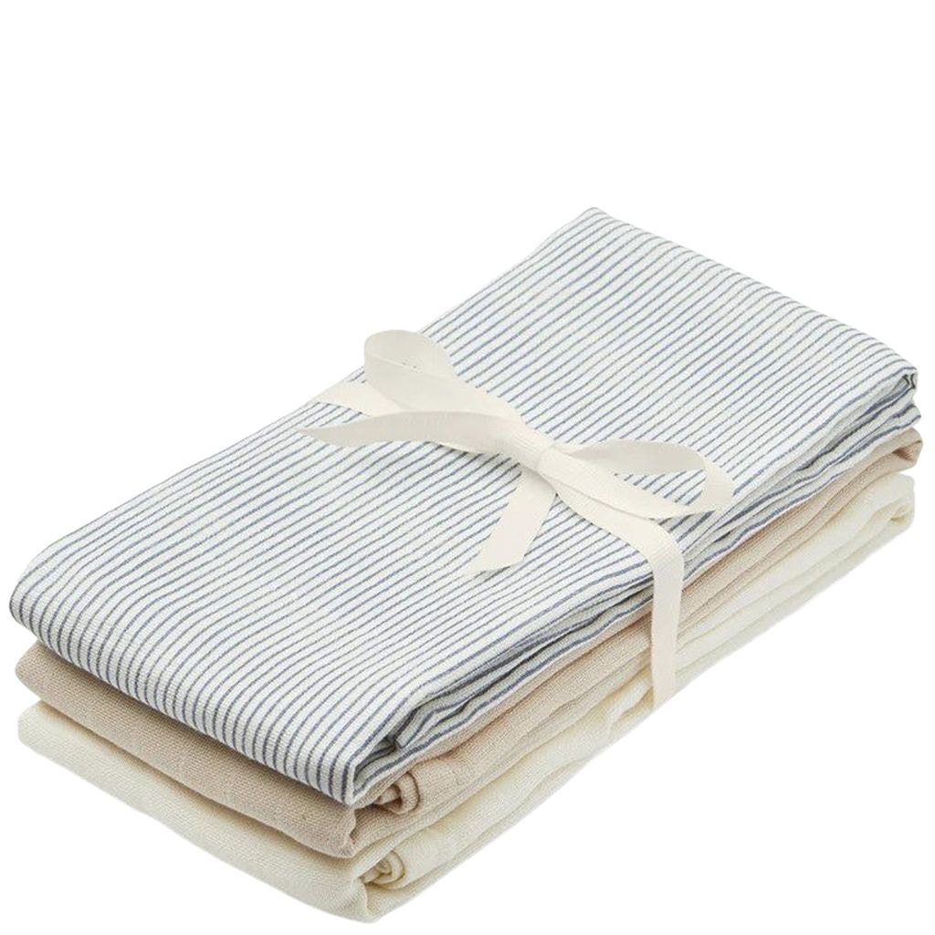 3-Pack GOTS Stribede Muslin Kluder Blue / Praline / Creme