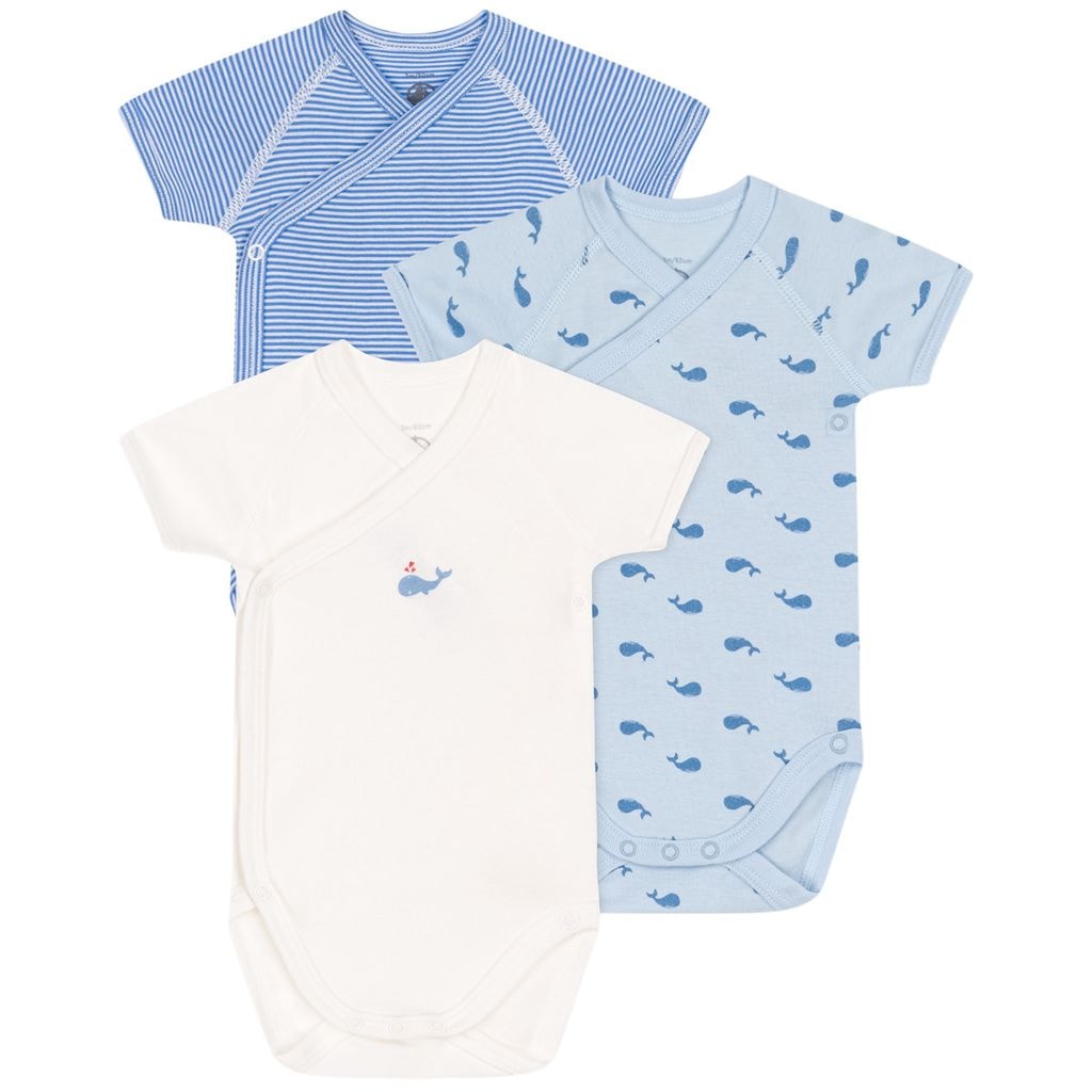 3-Pack Cotton Wrapover Baby Bodysuits Blanc Bleu