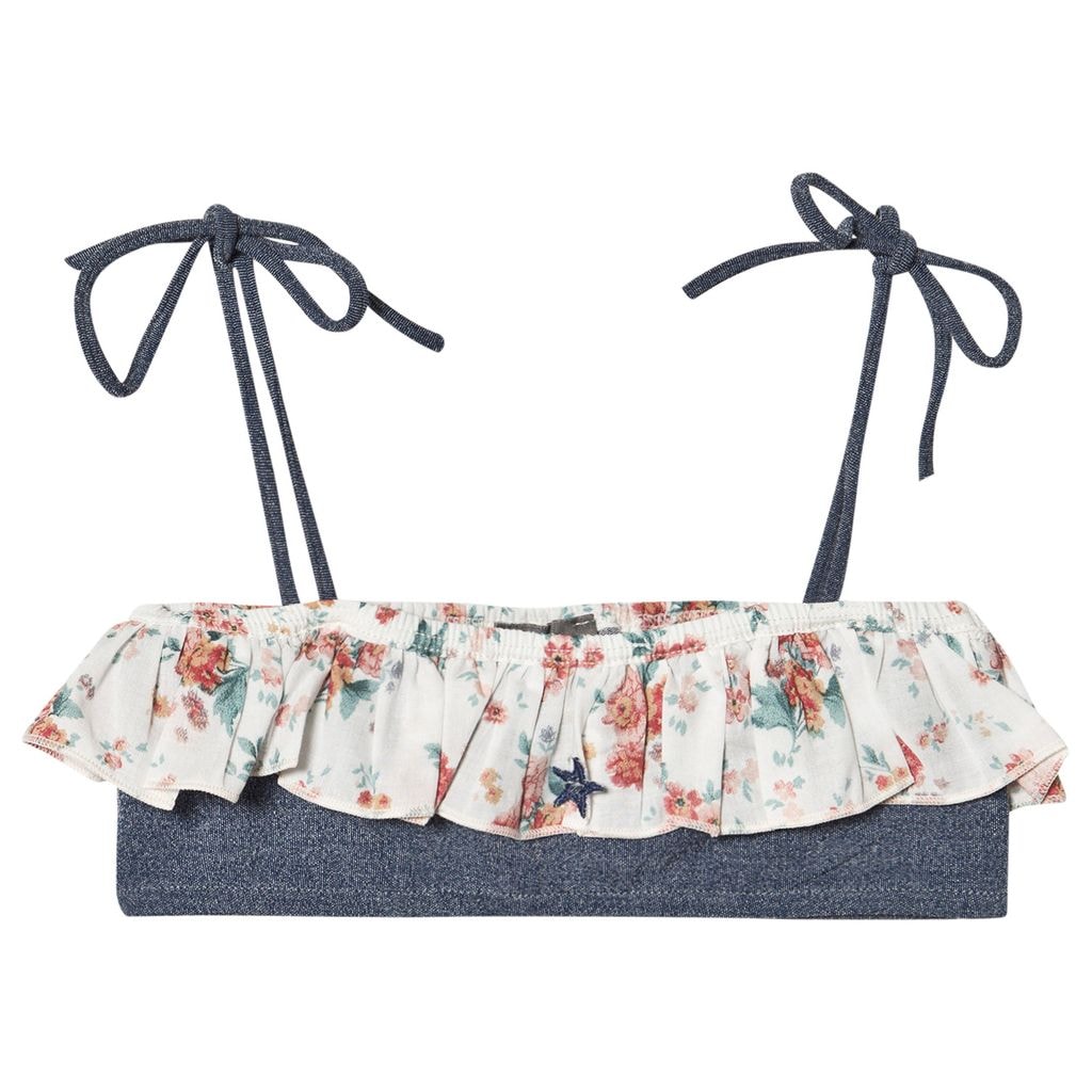 Flower Print Flounce Bikini Oberteil Blau