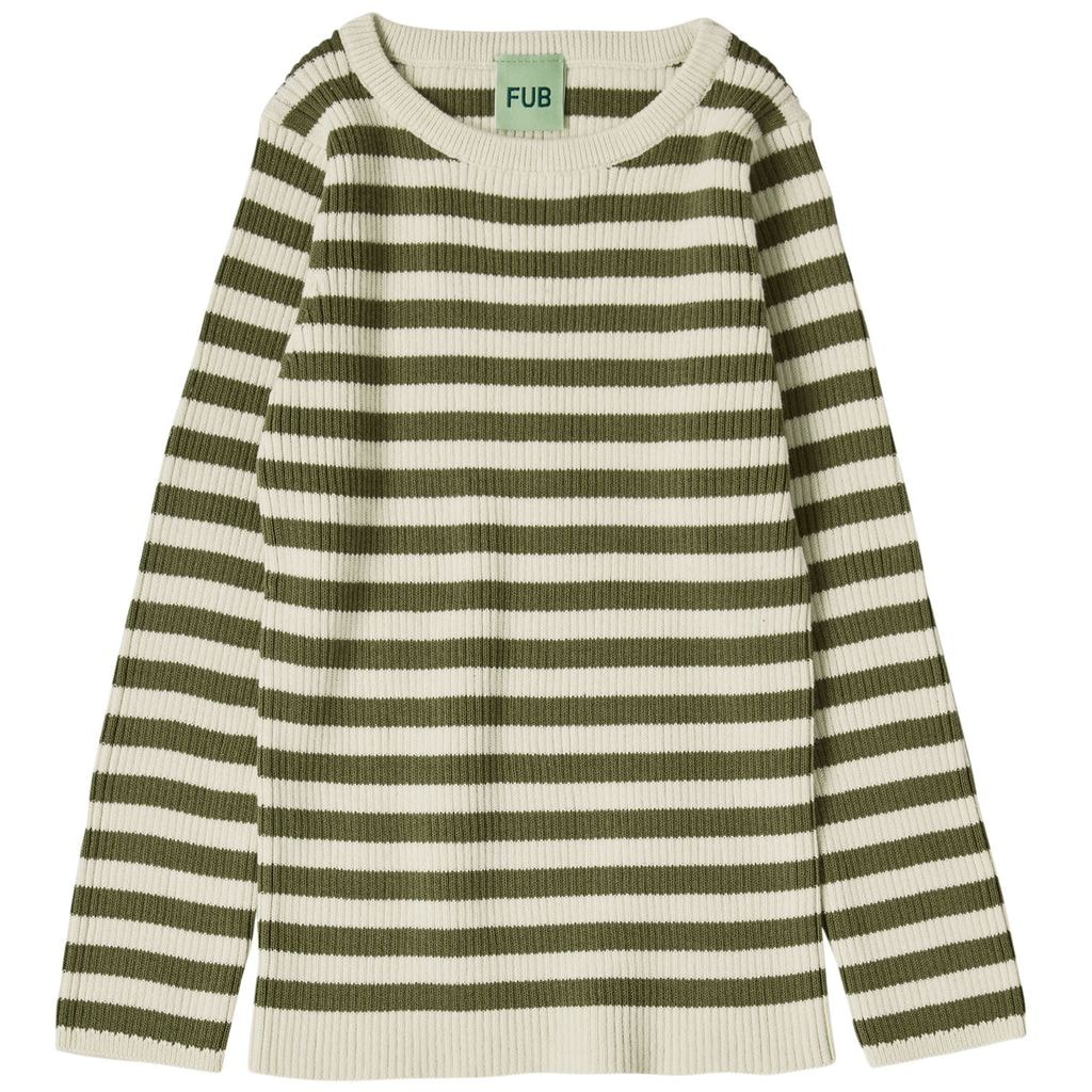 Stripete Ribbet Langermet T-skjorte Ecru/Olive