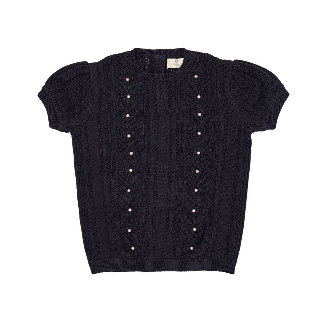Stickad Pointelleblus Med Pärlor Navy