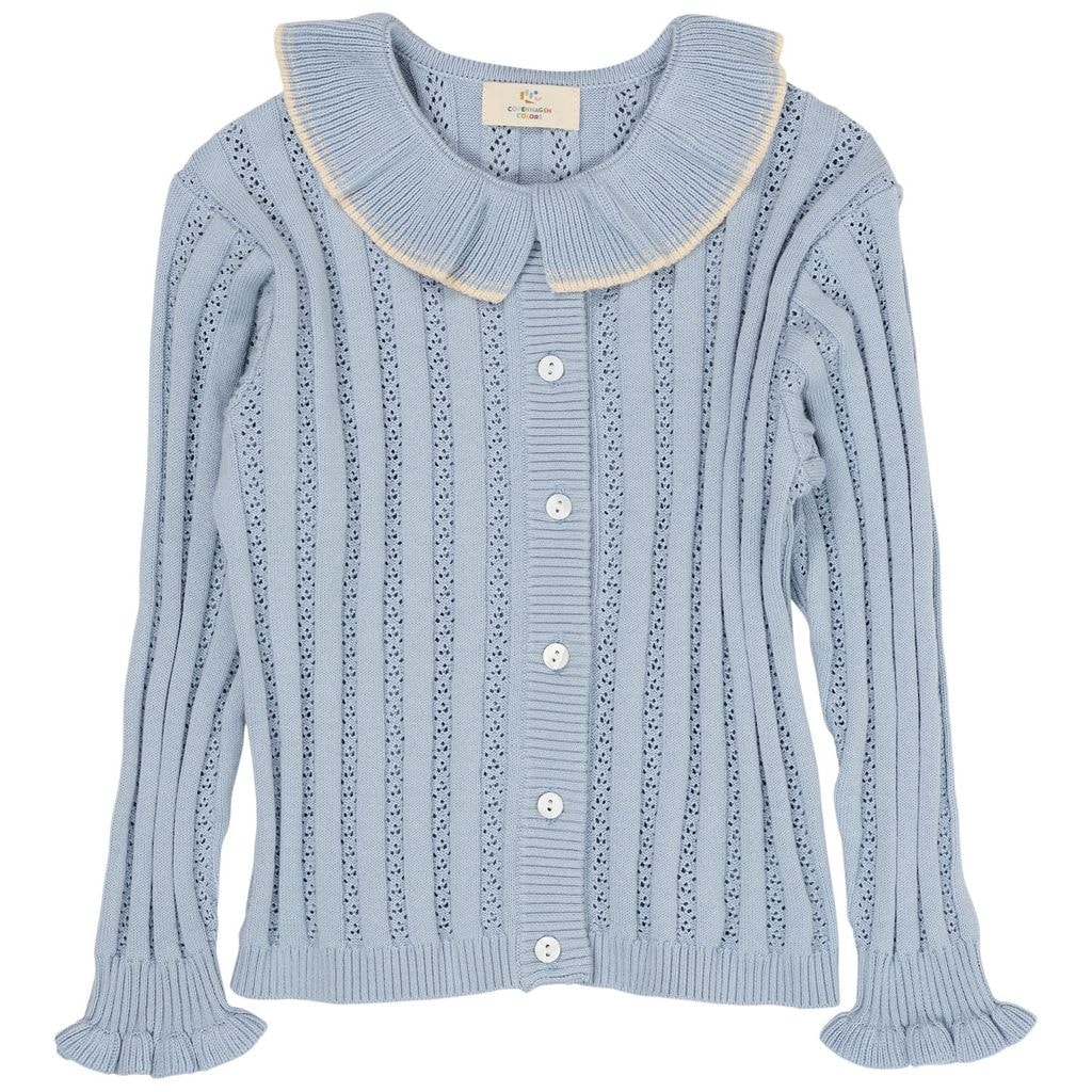 Pointelle Knitted Cardigan With Collar Dusty Blue