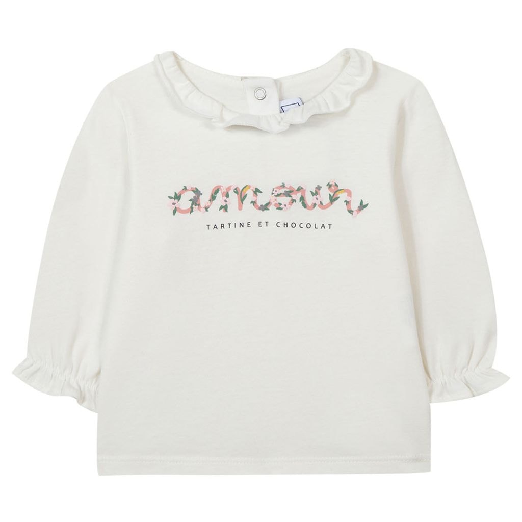 Long Sleeved T-Shirt With Ruffle Collar Cream