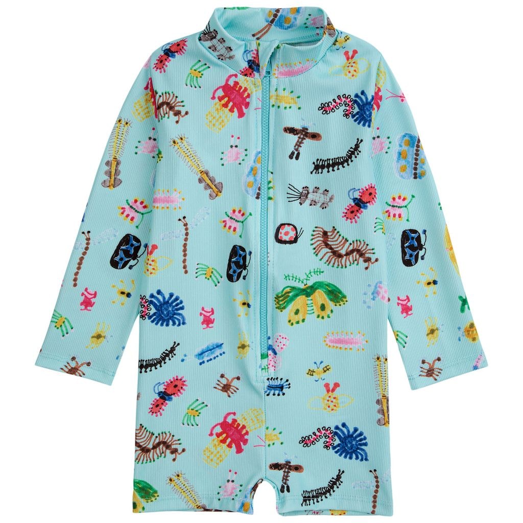 Funny Insects Printed One-piece Rashguard Swimsuit Blue