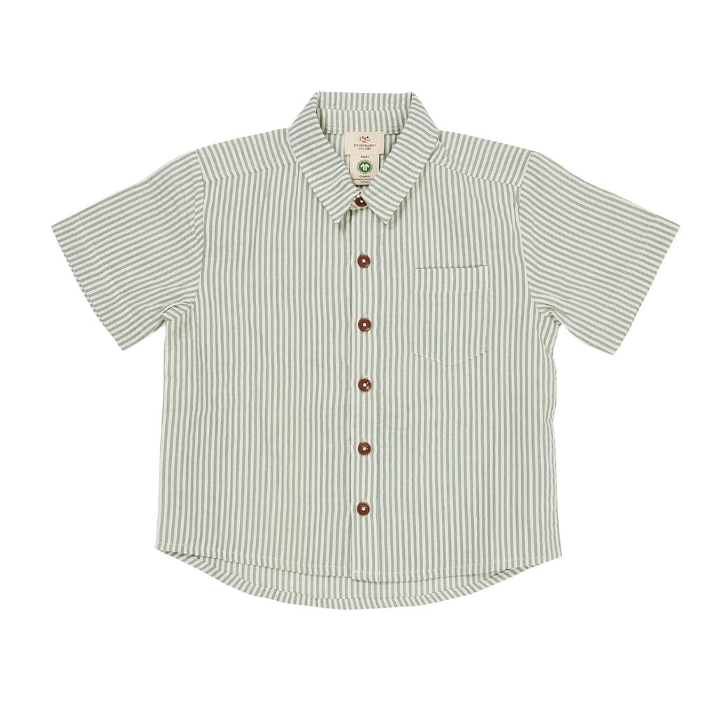 Seersucker Short-Sleeved Shirt Green Cream Stripe