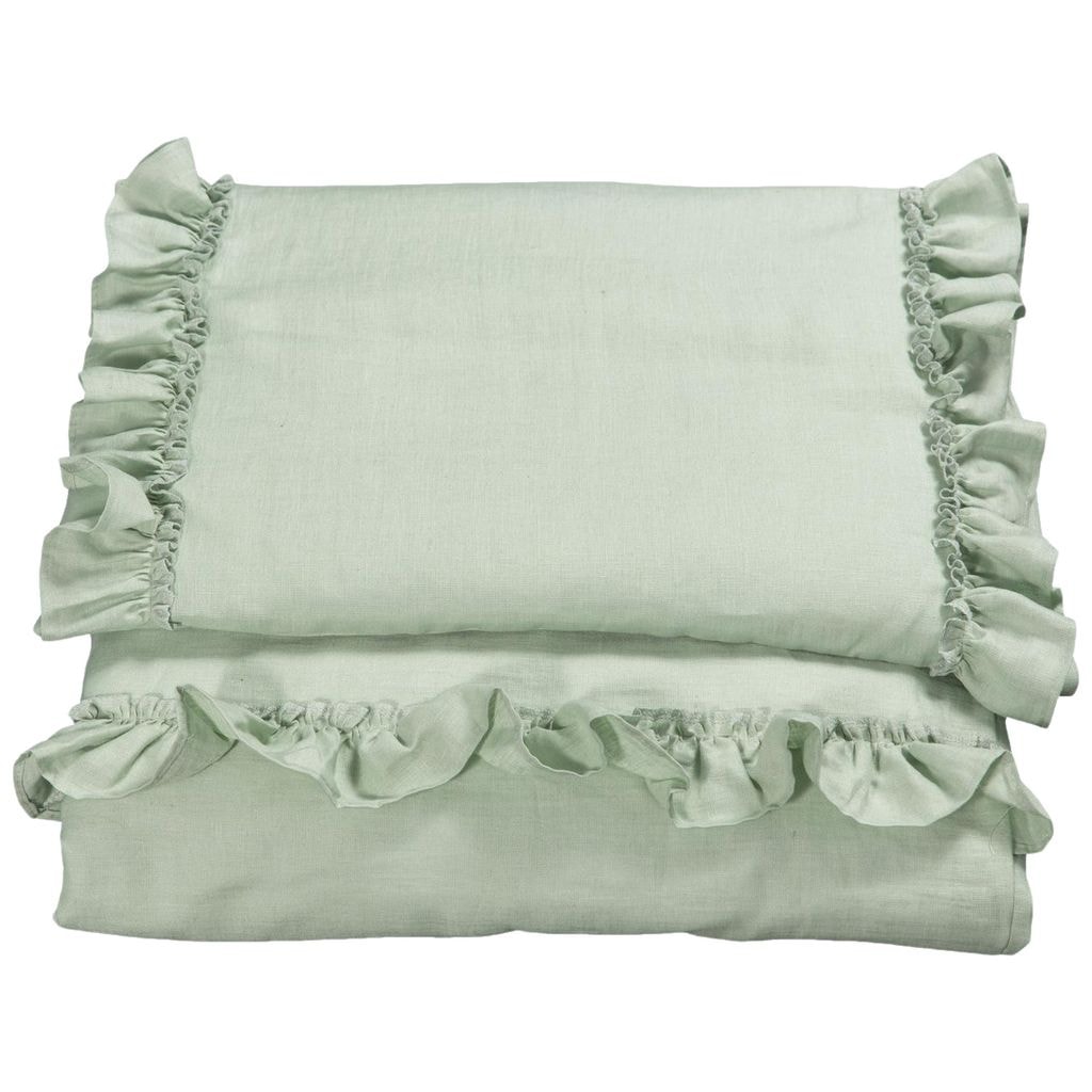 Sett med sprinkelsengesett med volang Sage Green