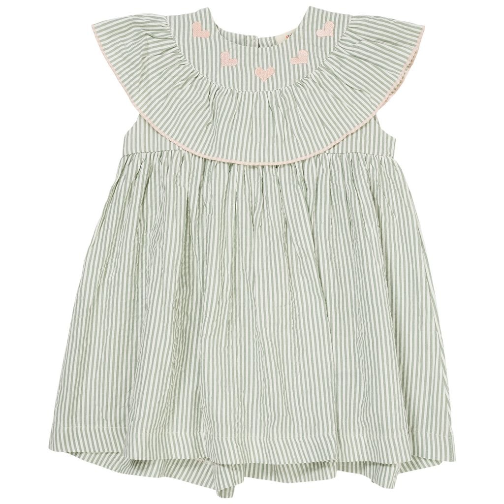 GOTS Hearts Seersucker Dress Green Cream Rose Stripe
