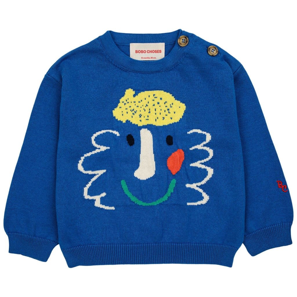 Happy Mask Knitted Baby Sweater Blue