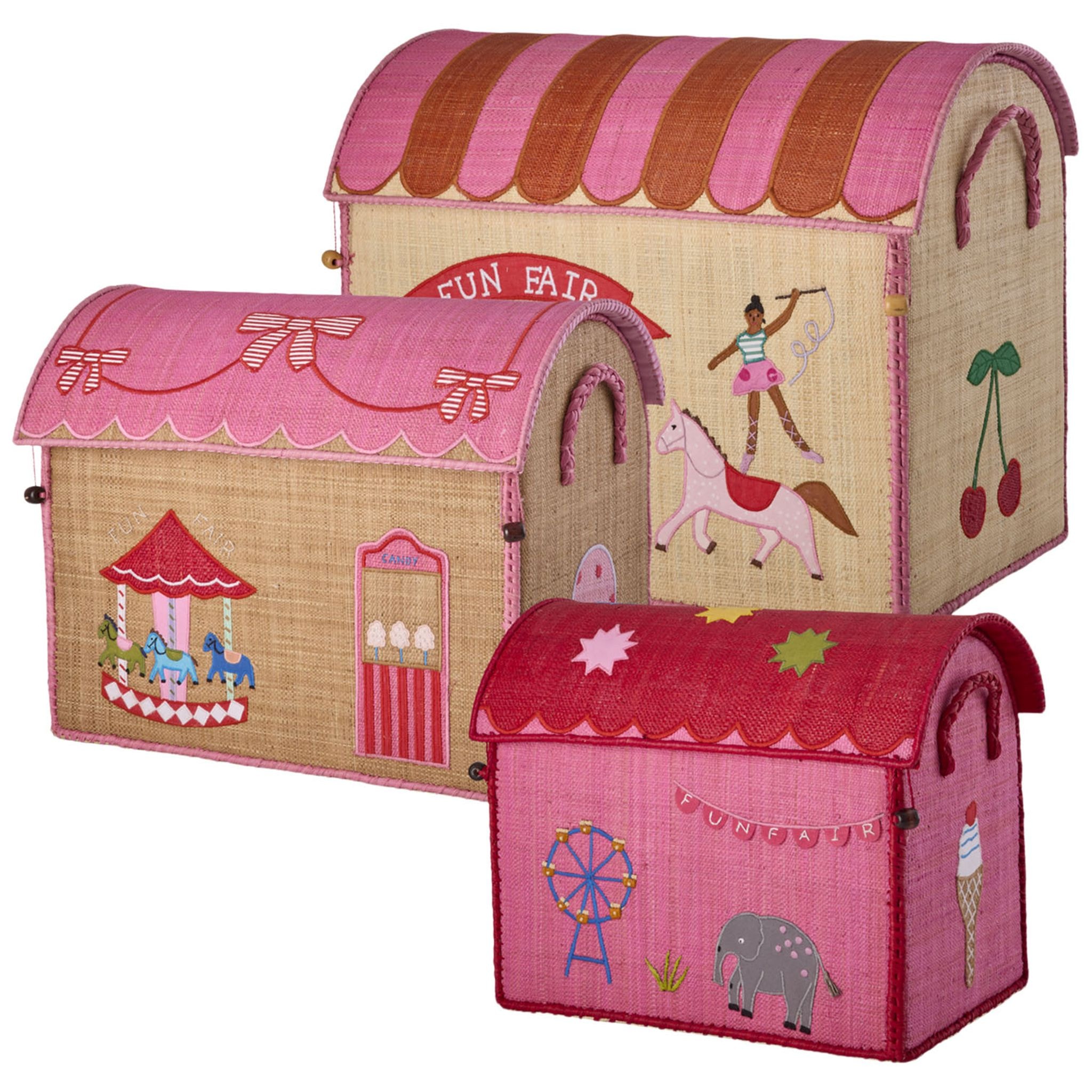 Set Of 3 Raffia Leksakskorgar Pink Fun Fair