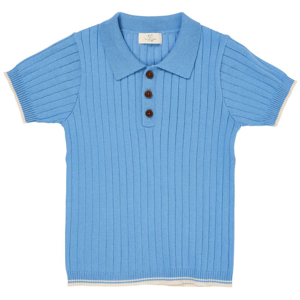 GOTS Rib Knitted Polo Shirt Sky Blue Cream