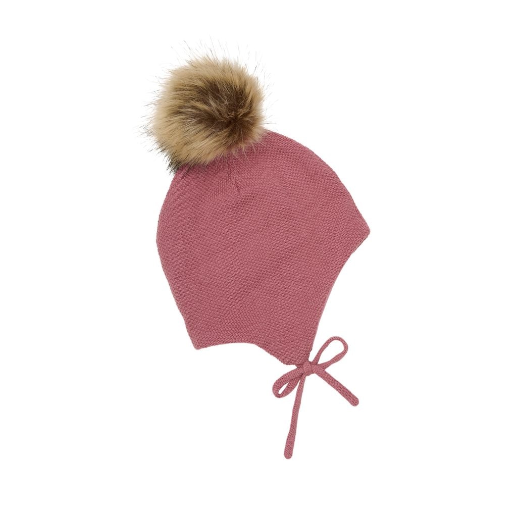 Beanie in Dusty Rose with detachable fake fur and tie strings