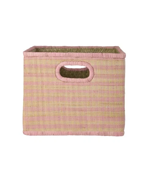 Fyrkantig Förvaringskorg I Raffia Pink Checks