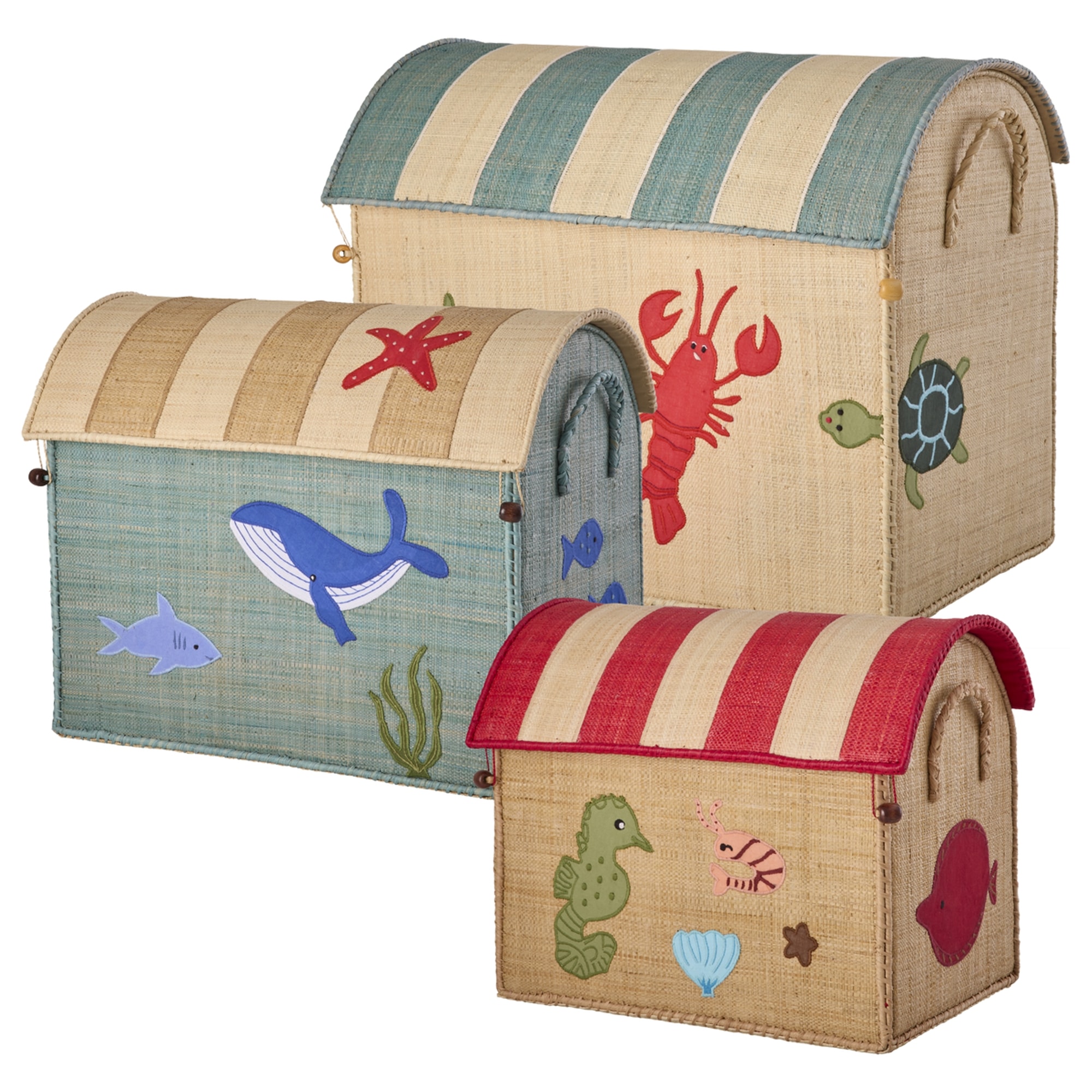 Set Of 3 Raffia Storage House Naturale Ocean 