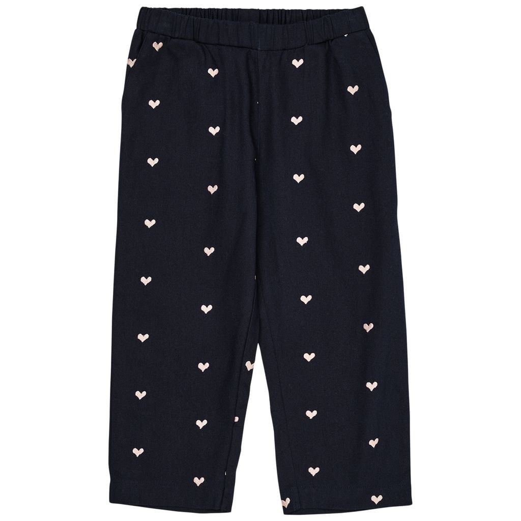 GOTS Heart Twill Pants Navy Soft Pink Hearts