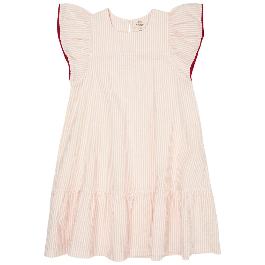 GOTS Seersucker-mekko, Jossa On Röyhelöhihat Dusty Rose Cream Berry Stripe