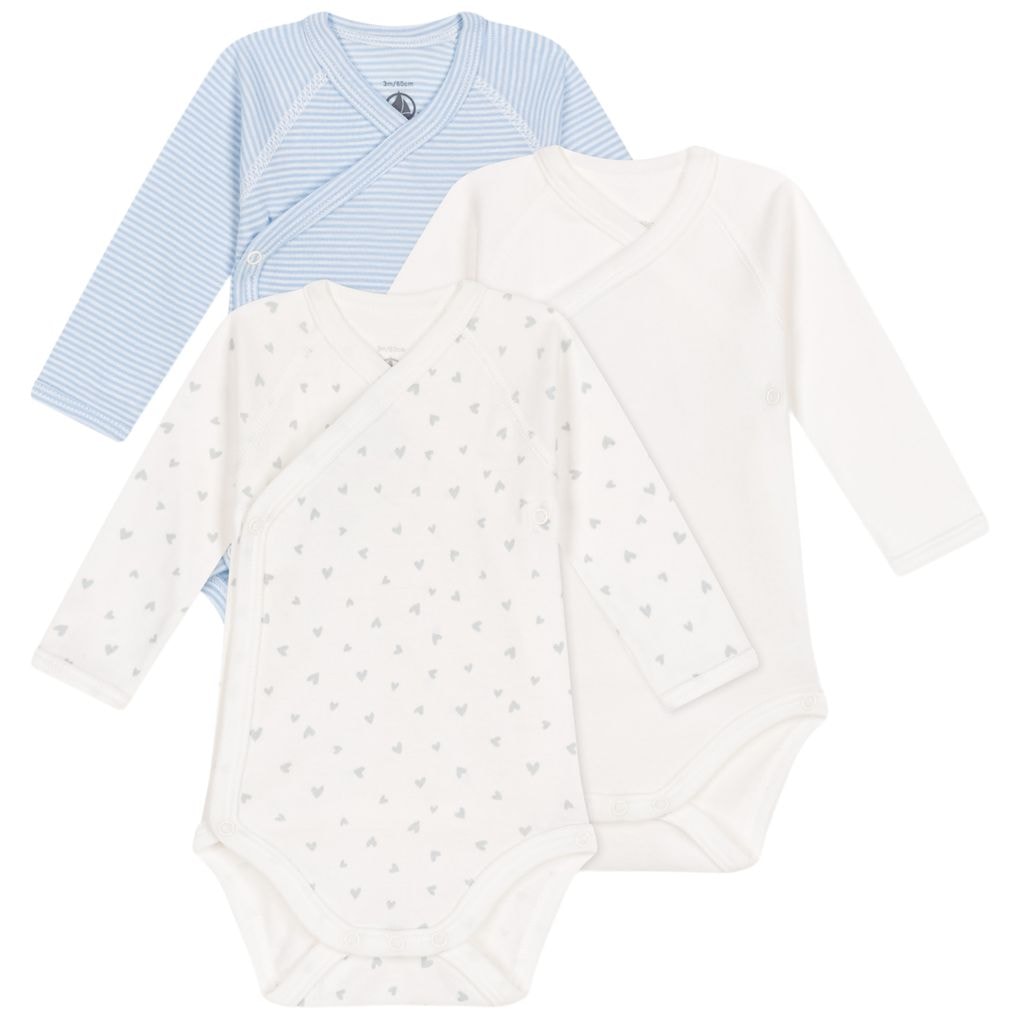 3-Pack Cotton Wrapover Baby Bodysuits Bleu Blanc