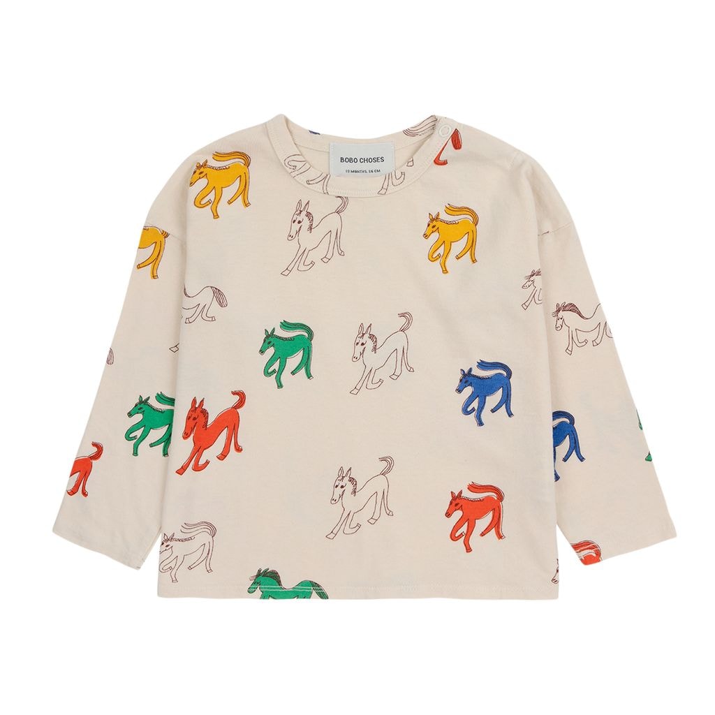 Wonder Horse Mönstrad Långärmad Baby T-shirt Naturvit