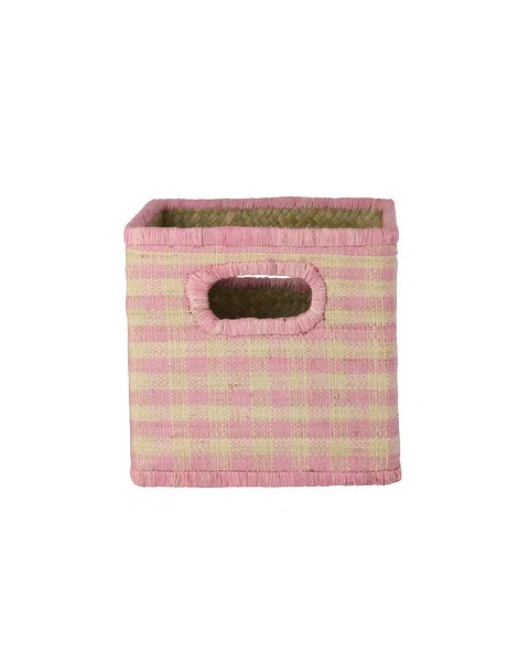 Fyrkantig Förvaringskorg I Raffia Pink Checks