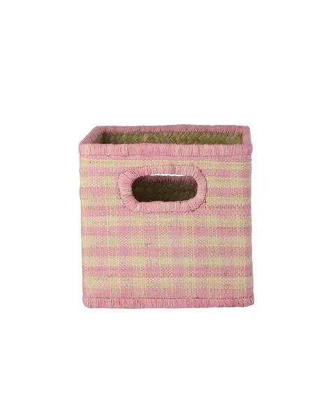 Fyrkantig Förvaringskorg I Raffia Pink Checks