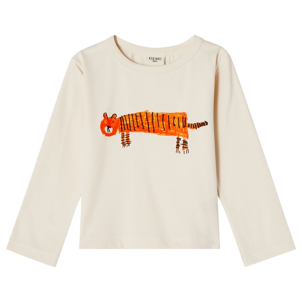 GOTS Athens Langærmet T-shirt Med Tiger Print Cremefarvet