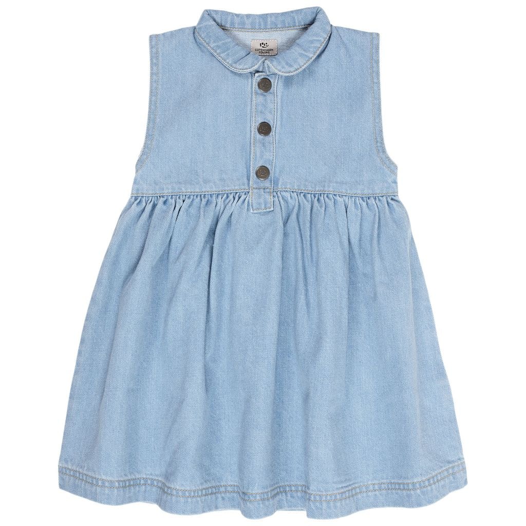Denim Dress With Collar Light Blue Indigo Washed
