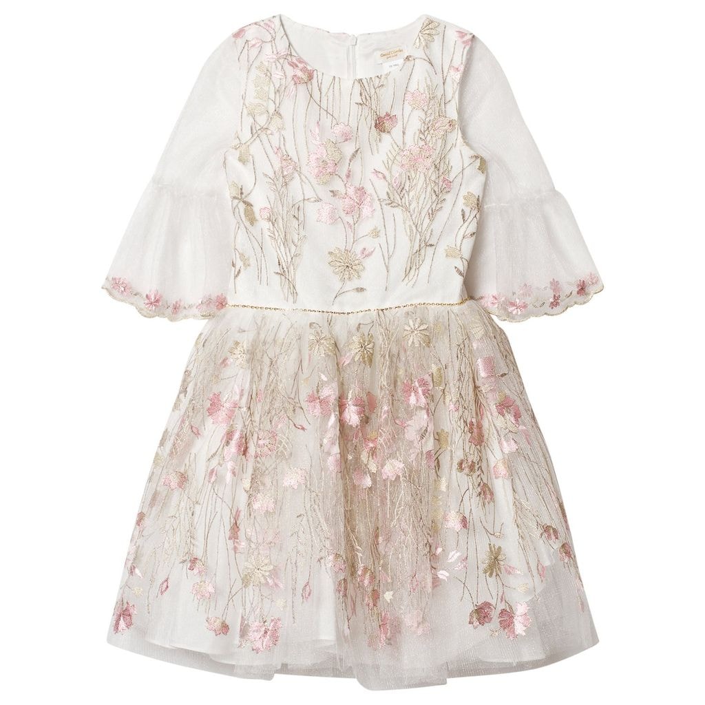Ivory Tulle Embroidered Party Dress with Gold Detail