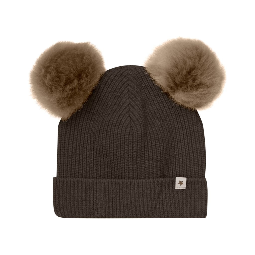 Hat Knit w. Alpaca Pompoms Dark Brown Melange