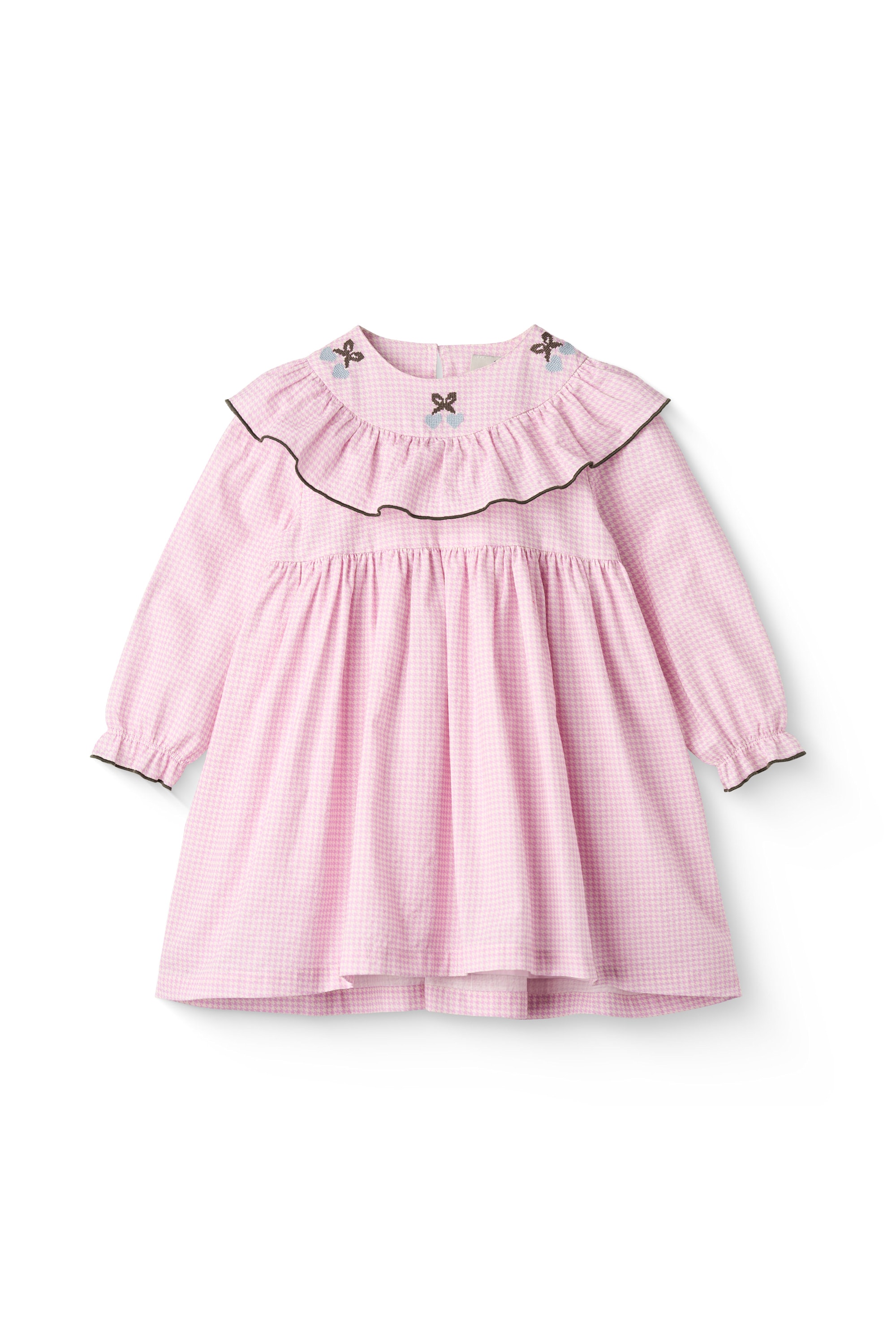 Houndstooth Frill Dress W. Embroidery Syringa
