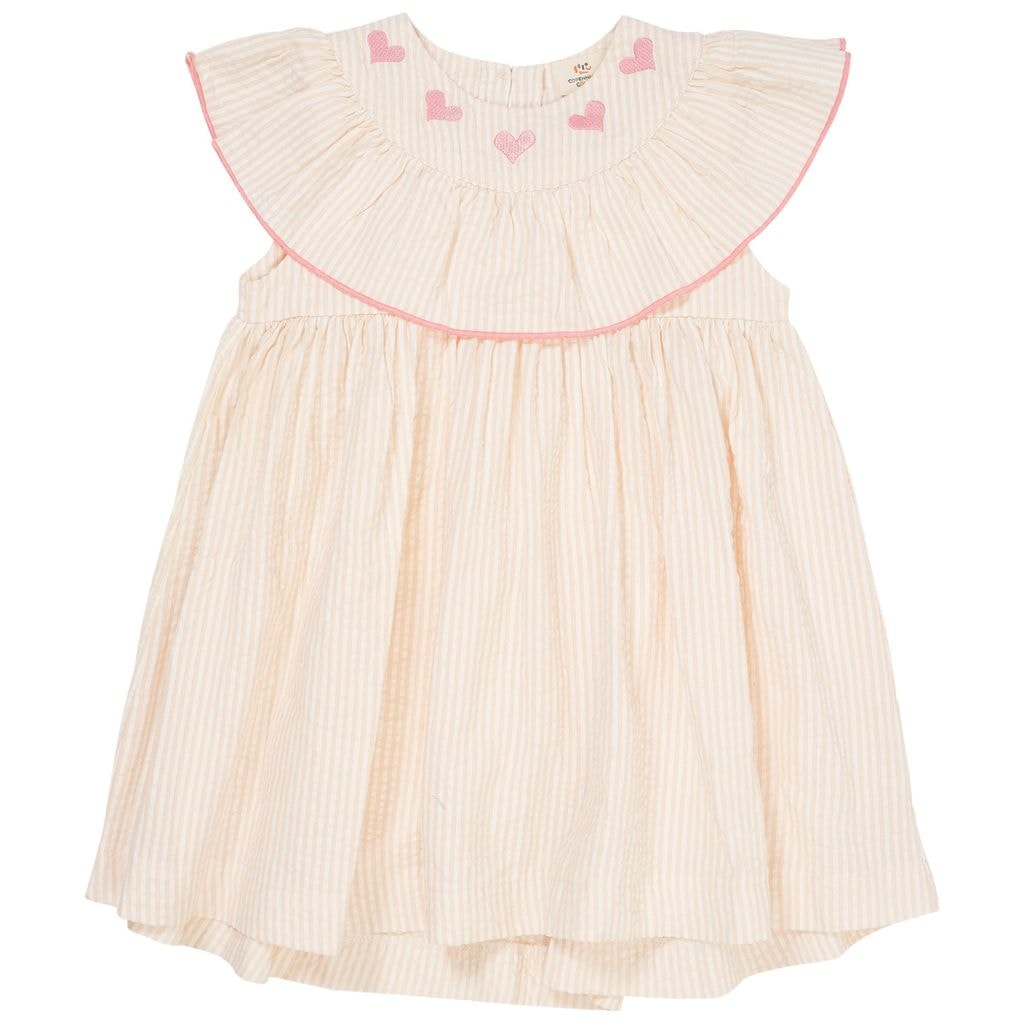 GOTS Hearts Seersucker Dress Dusty Rose Cream Stripe