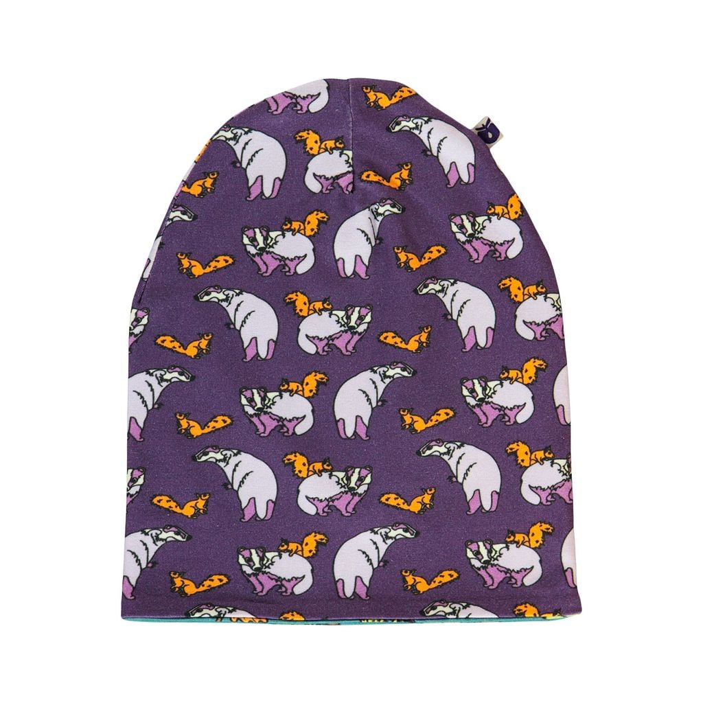 Reversible beanie with badger, fox and Fall leaves  Loganberry