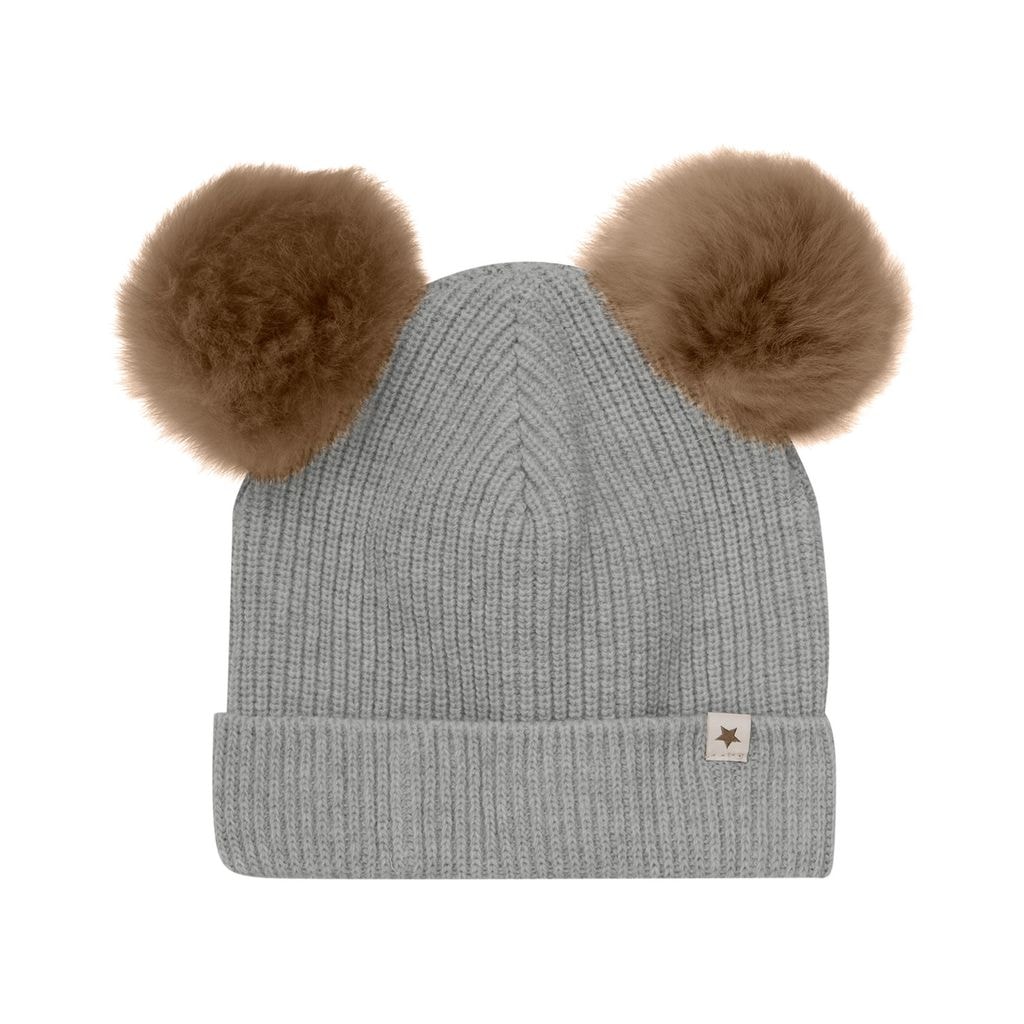 Hat Knit w. Alpaca Pompoms Medium Grey Melange