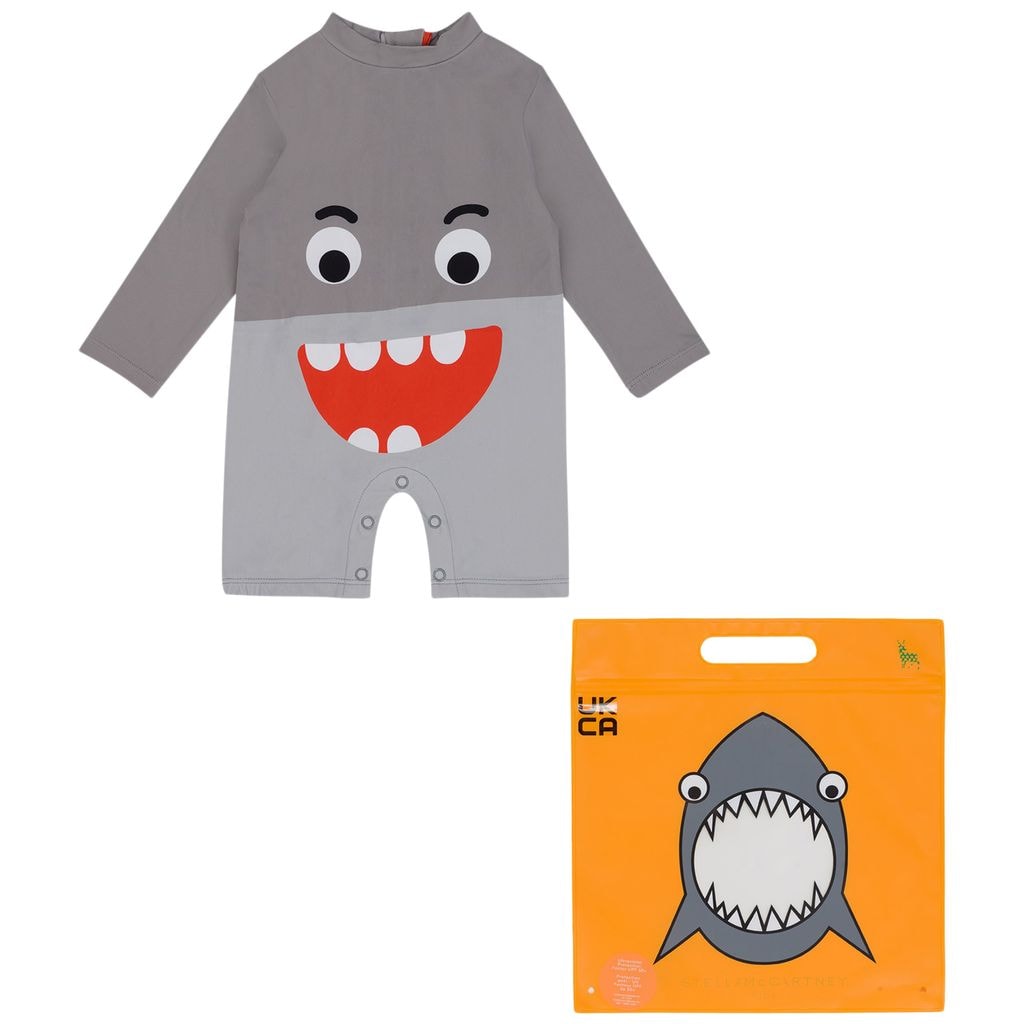 One-piece Rashguard Swimsuit With Shark Print Gray