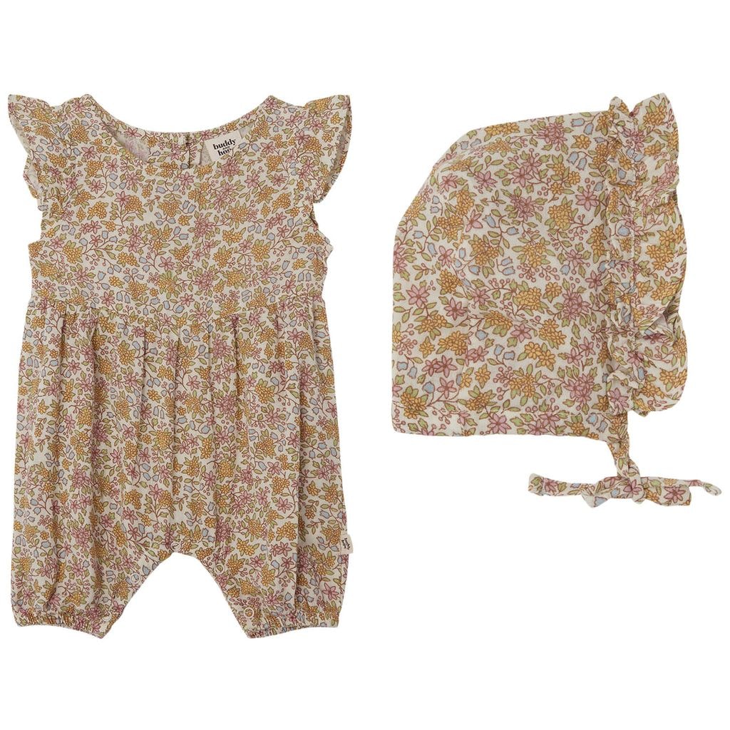 GOTS Sigrid Floral Romper With Sun Hat Wildflowers