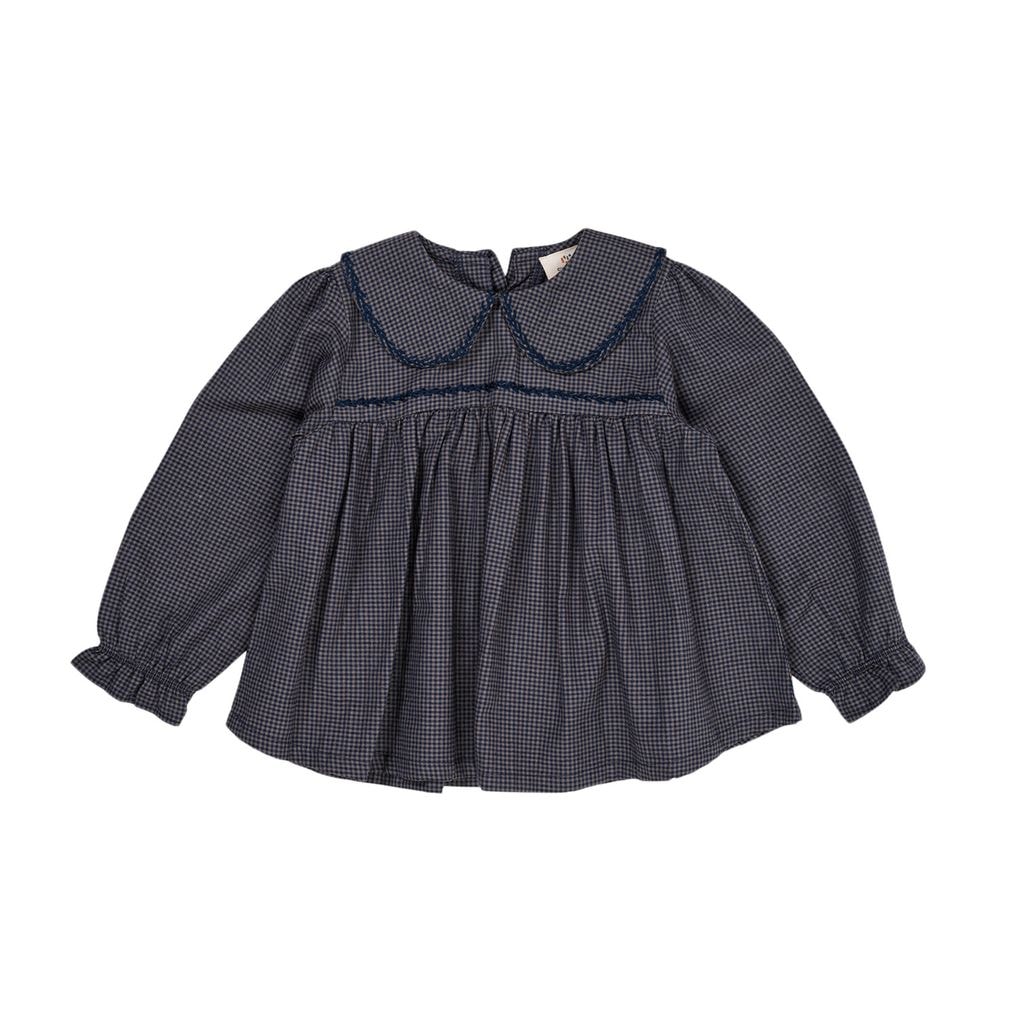 Check Blouse w. Collar  Navy Check Combi