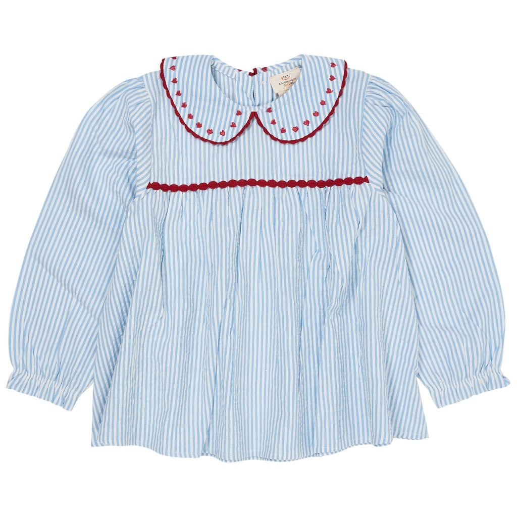 Hearts Seersucker Long-Sleeved Tunic Sky Blue Cream Berry Stripe
