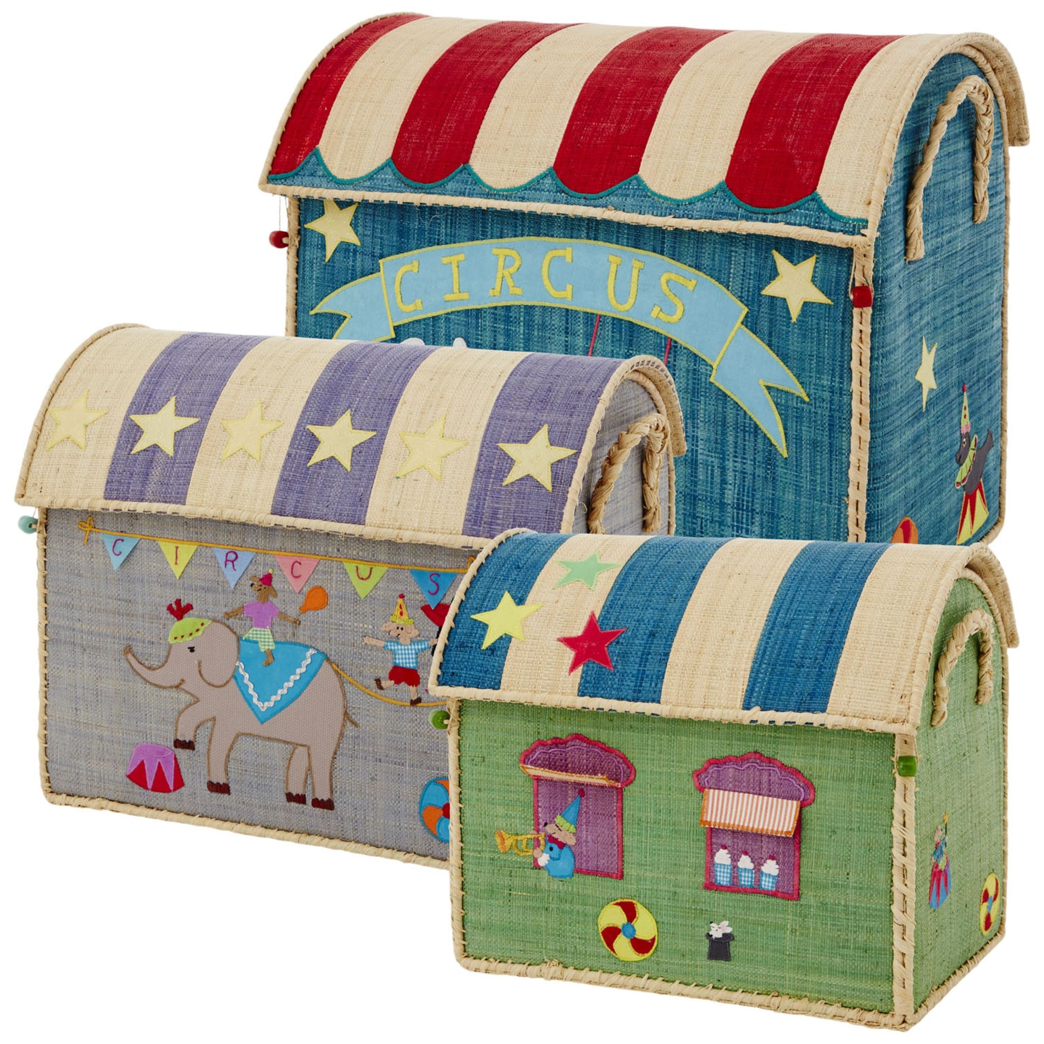 Set Of 3 Raffia Toy Baskets With Circus Theme Multi