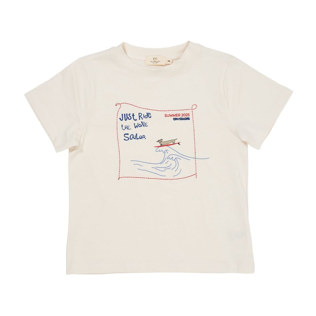 Embroidered T-Shirt Cream Surfing Dog