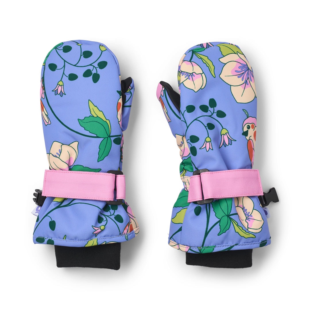 Mittens With Birds And Flowers Purple Delight