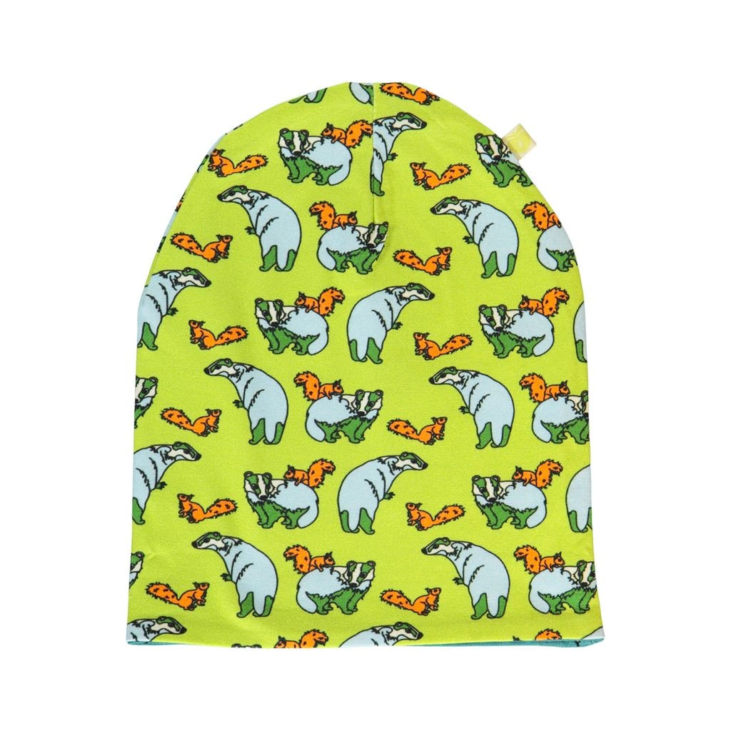 Reversible beanie with badger, fox and Fall leaves  Pear Green