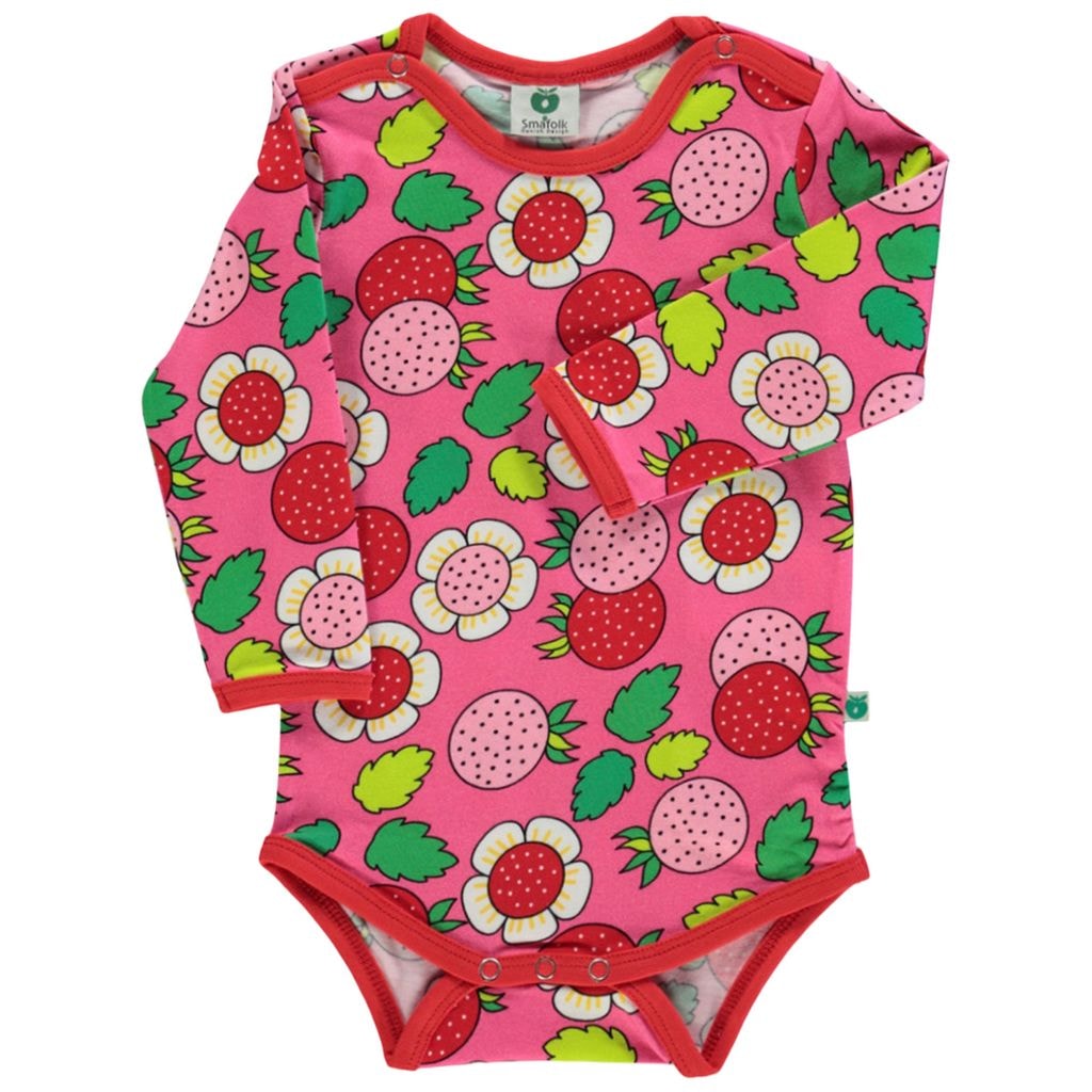 Mønstret Baby Body Med Blomster Og Jordbær Rosa