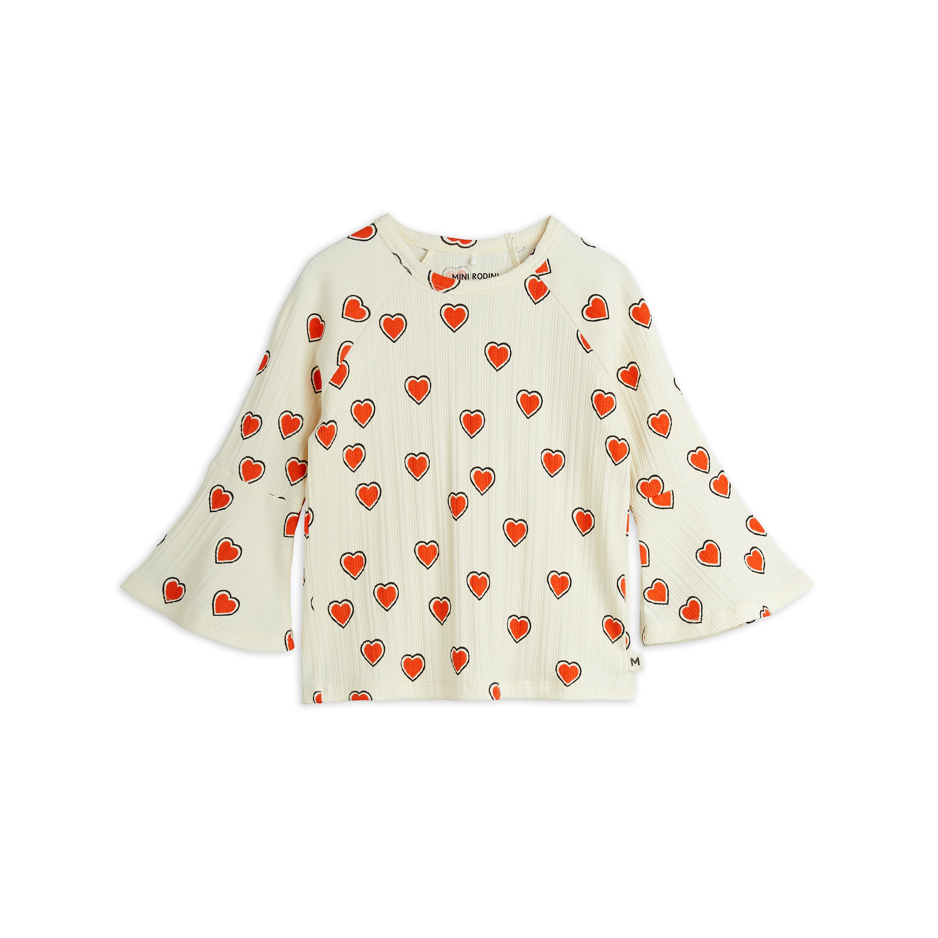 GOTS Outlined Hears Aop Trumpet Sleeve Top Offwhite