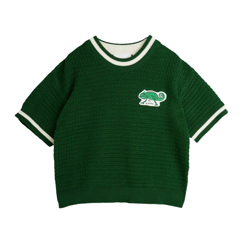GOTS Lizard Patch Crochet Knit T-Shirt Green