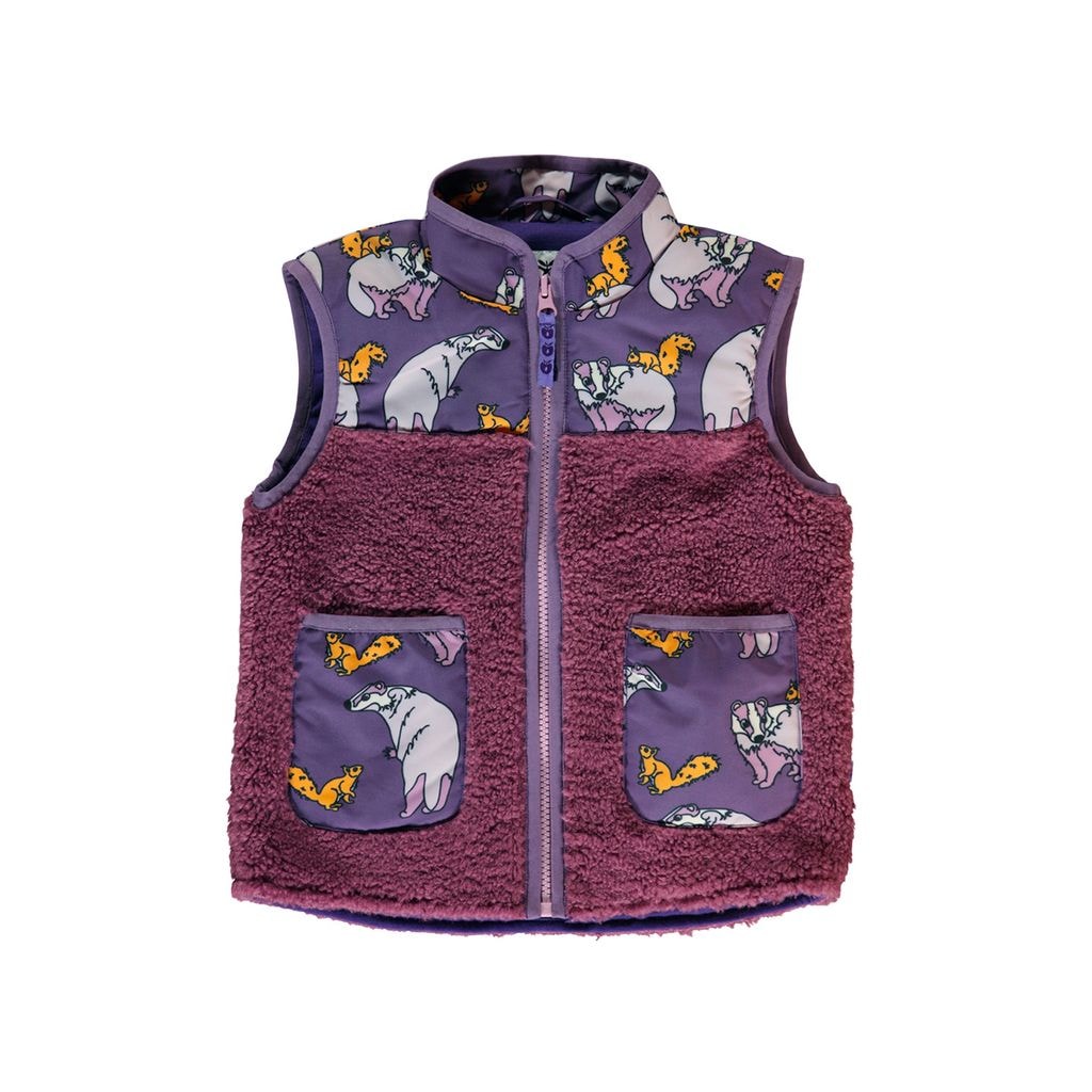 Fleece vest with badger and squirrel  Loganberry