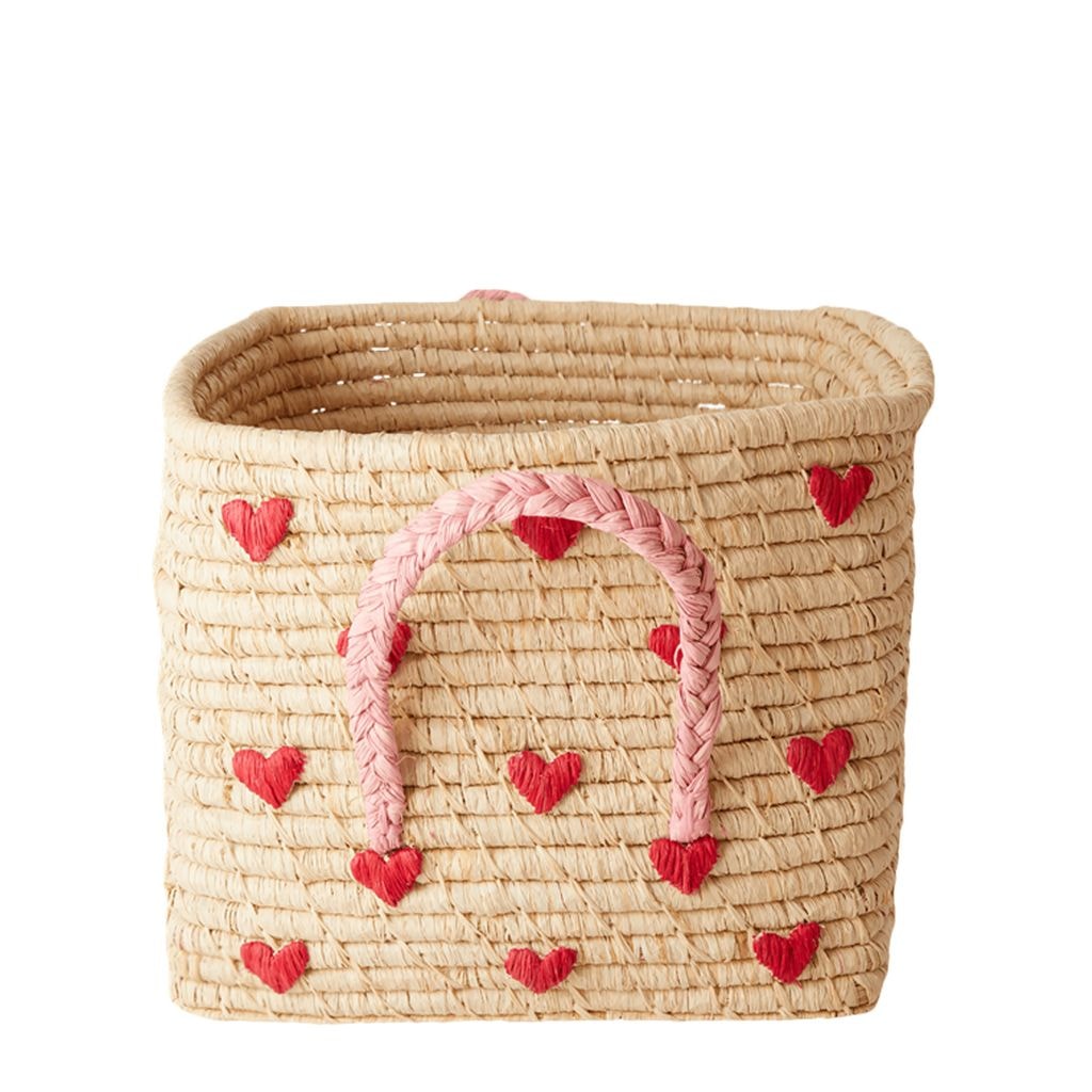 Heart Print Raffia Firkantet Kurv Beige