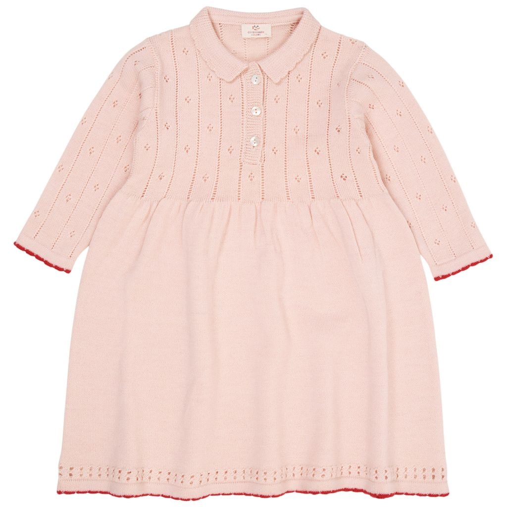 Merino Wool Pointelle Kjole Soft Pink/Red Combi