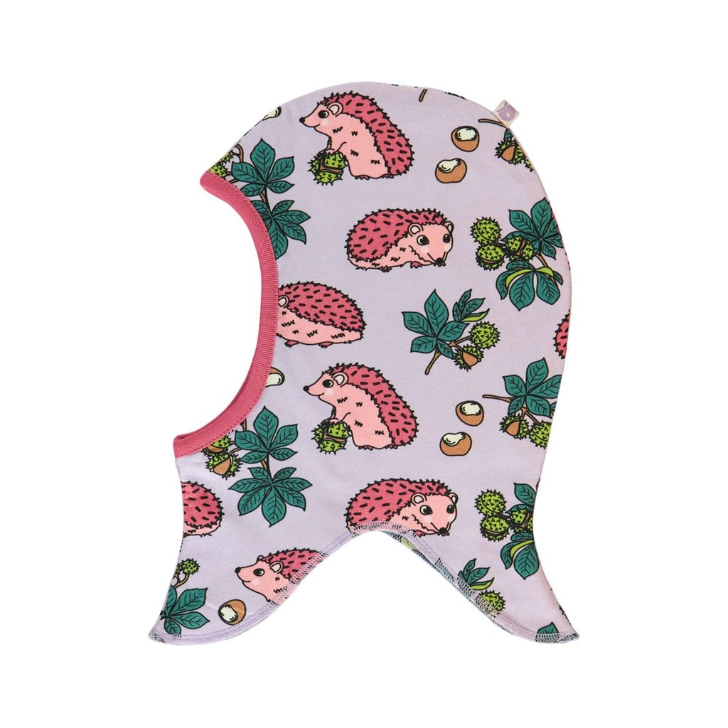 Reversible balaclava with hedgehogs and Fall leaves  Orchid Petal