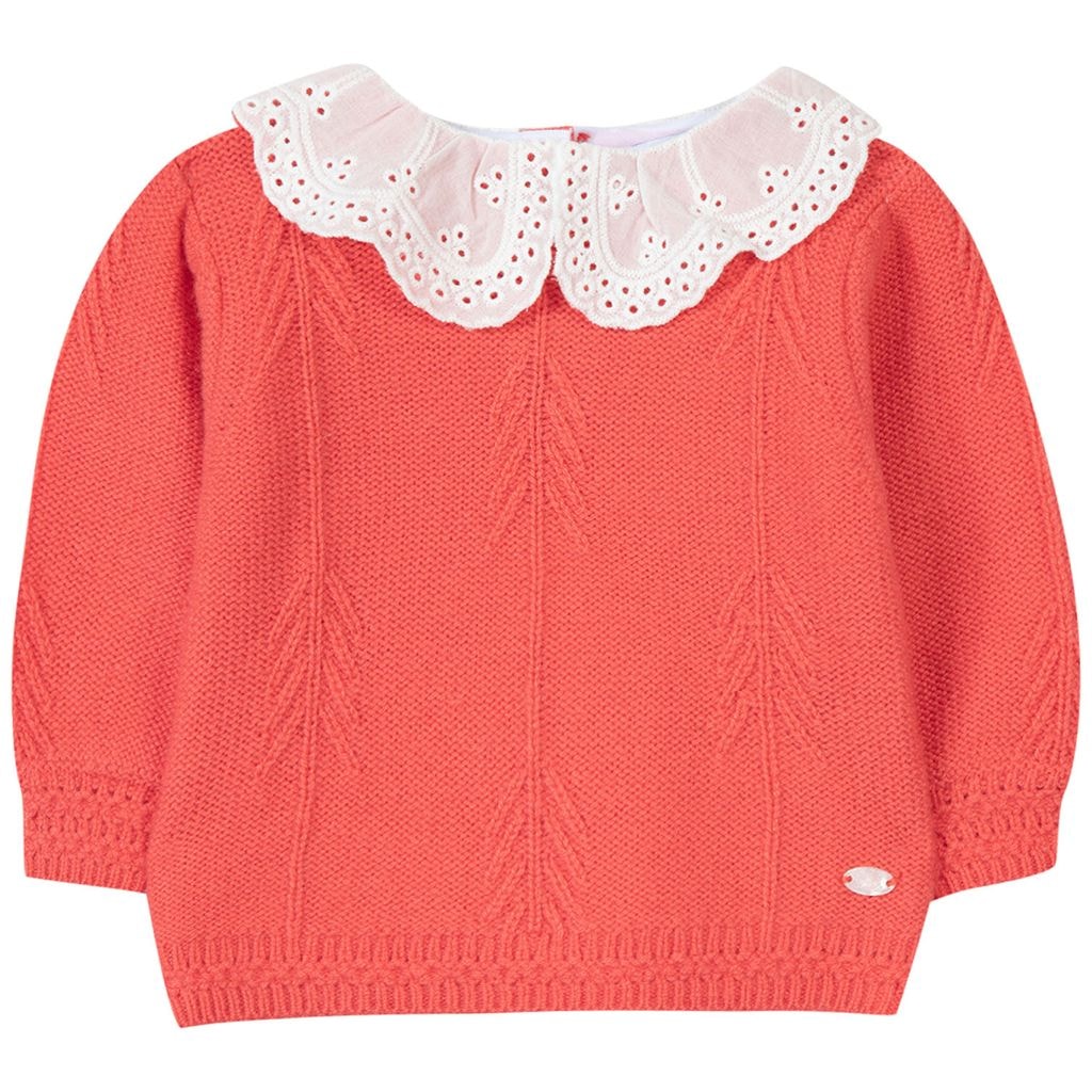 Knit Sweater With Ruffle Collar Coral