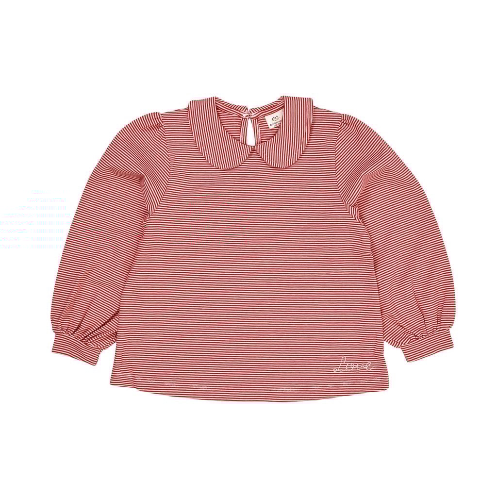 Striped Blouse w Collar LS  Red/Cream Stripe