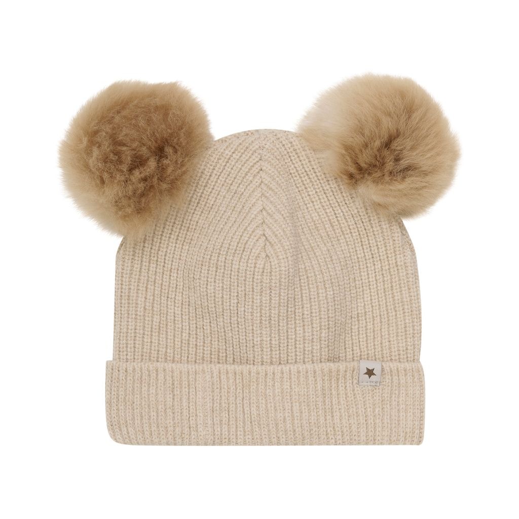 Hat Knit w. Alpaca Pompoms Sand Melange