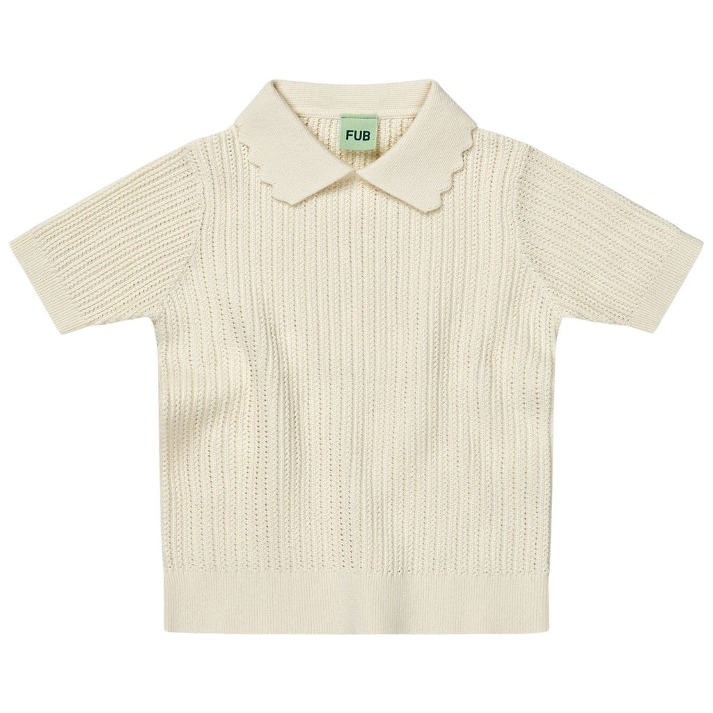 Knitted Short-Sleeved Top With Collar Ecru
